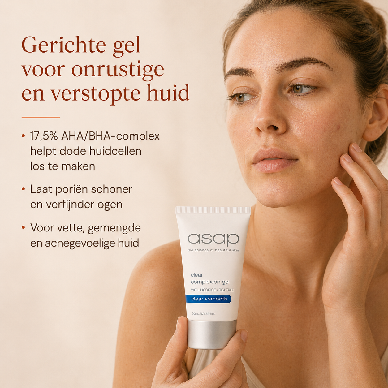 ASAP Clear Complexion Gel is een gericht AHA/BHA serum in gelvorm voor een vette, gemengde of acnegevoelige huid met puistjes, mee-eters en verstopte poriën. 