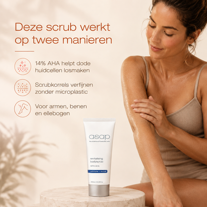 ASAP Revitalising Bodyscrub is een exfoliërende body scrub voor ruwe of droge lichaamshuid op bijvoorbeeld armen, benen en ellebogen.