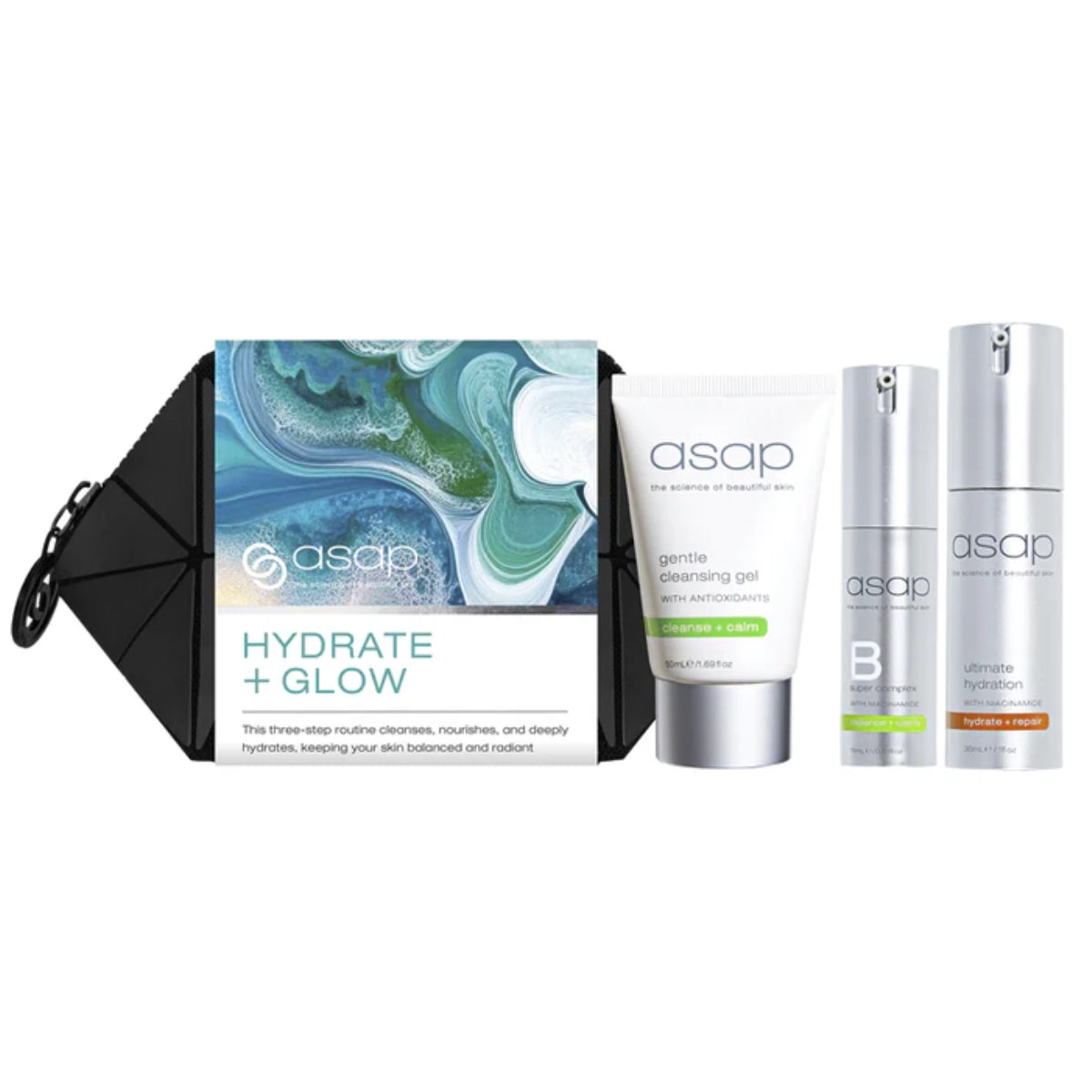 ASAP Hydrate + Glow Pack zachte routine voor droge huid vocht en glow