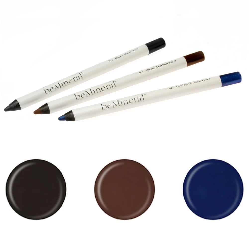 beMineral Eyeliner Pencils – zachte minerale oogpotloden in zwart bruin blauw